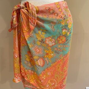 Etro Orange Floral Sheer Sarong Rayon Skirt Sz 42/Small